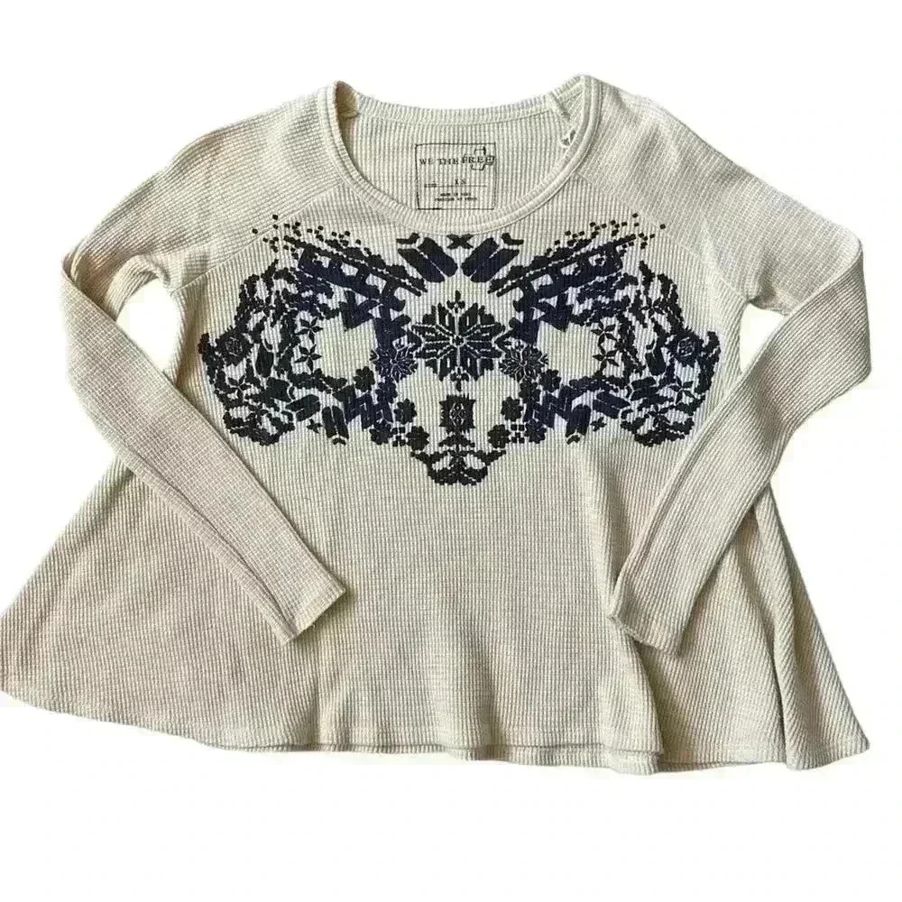 Women’s Free People Cream Fair Isle Thermal Long Sleeve Shirt Size XS
